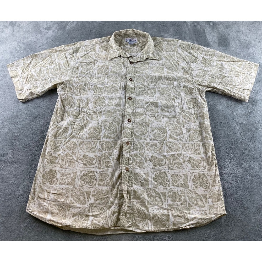 Boca Classics Mens XL Short Sleeve Button Down Shirt Tan Tropical Leaf Cotton